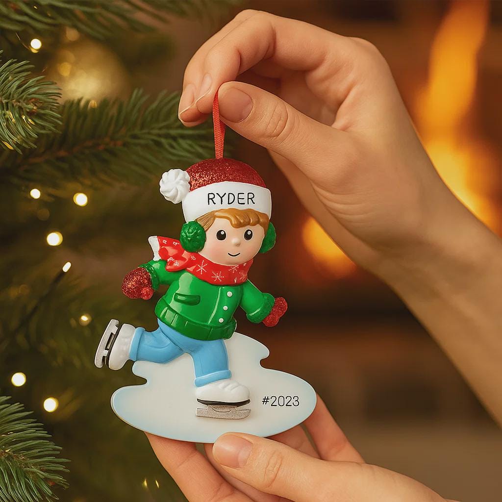 This personalized ice skating boy ornament features a cheerful winter skater wearing festive holiday clothing and gliding across an icy base. The design includes a custom name on the hat and a year displayed on the base, making it a perfect keepsake for celebrating winter memories, first Christmas moments, or a child’s love for ice skating and winter sports.
