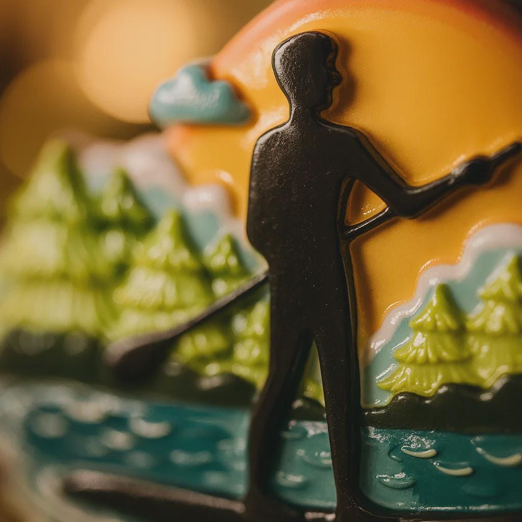 Decorative cookie with a silhouette of a person holding a fishing rod, surrounded by green trees and blue water.