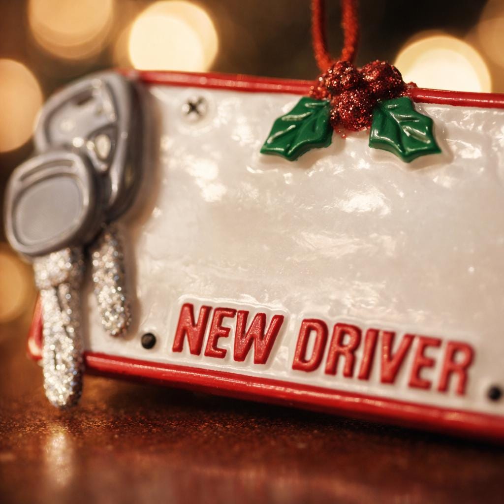 Decorative keychain with 'NEW DRIVER' text and car keys, against a blurred background.