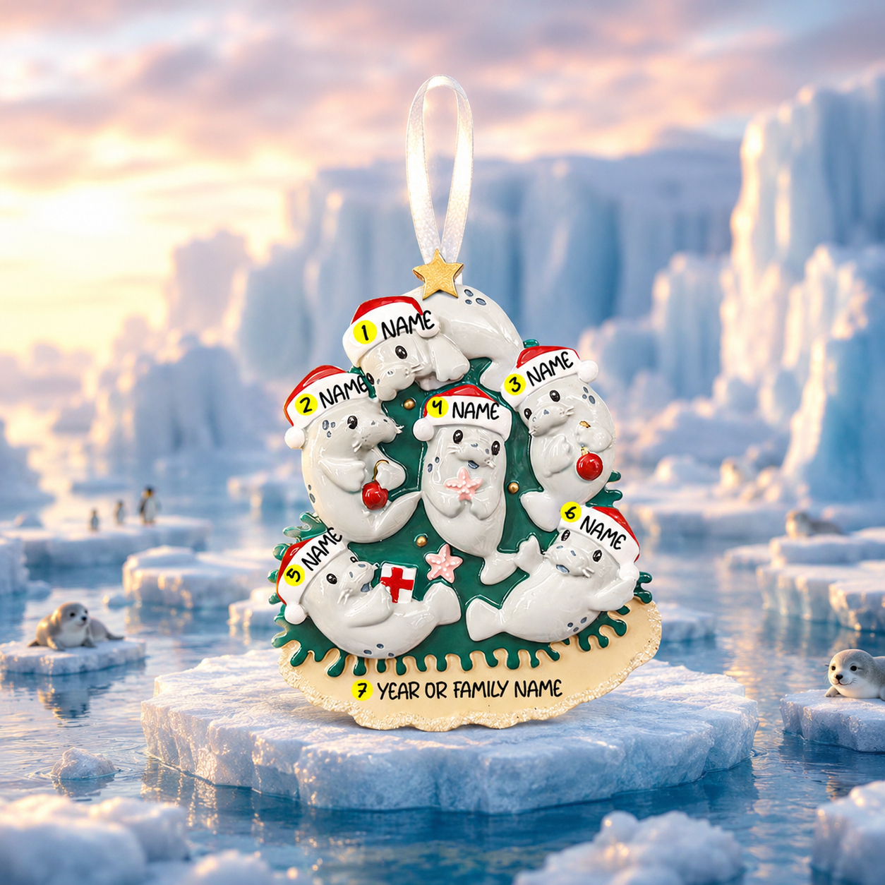 Decorative ornament with seal on a background of icy landscape