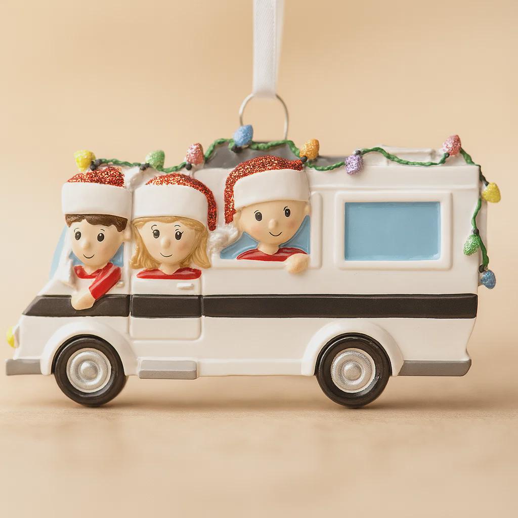Decorative ornament of a family in a car with Christmas lights on a beige background
