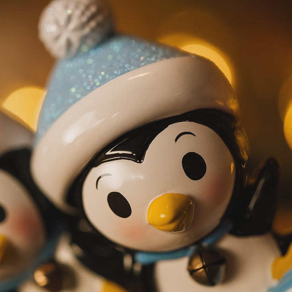 Ceramic penguin figurine with a blue hat and yellow beak against a blurred background