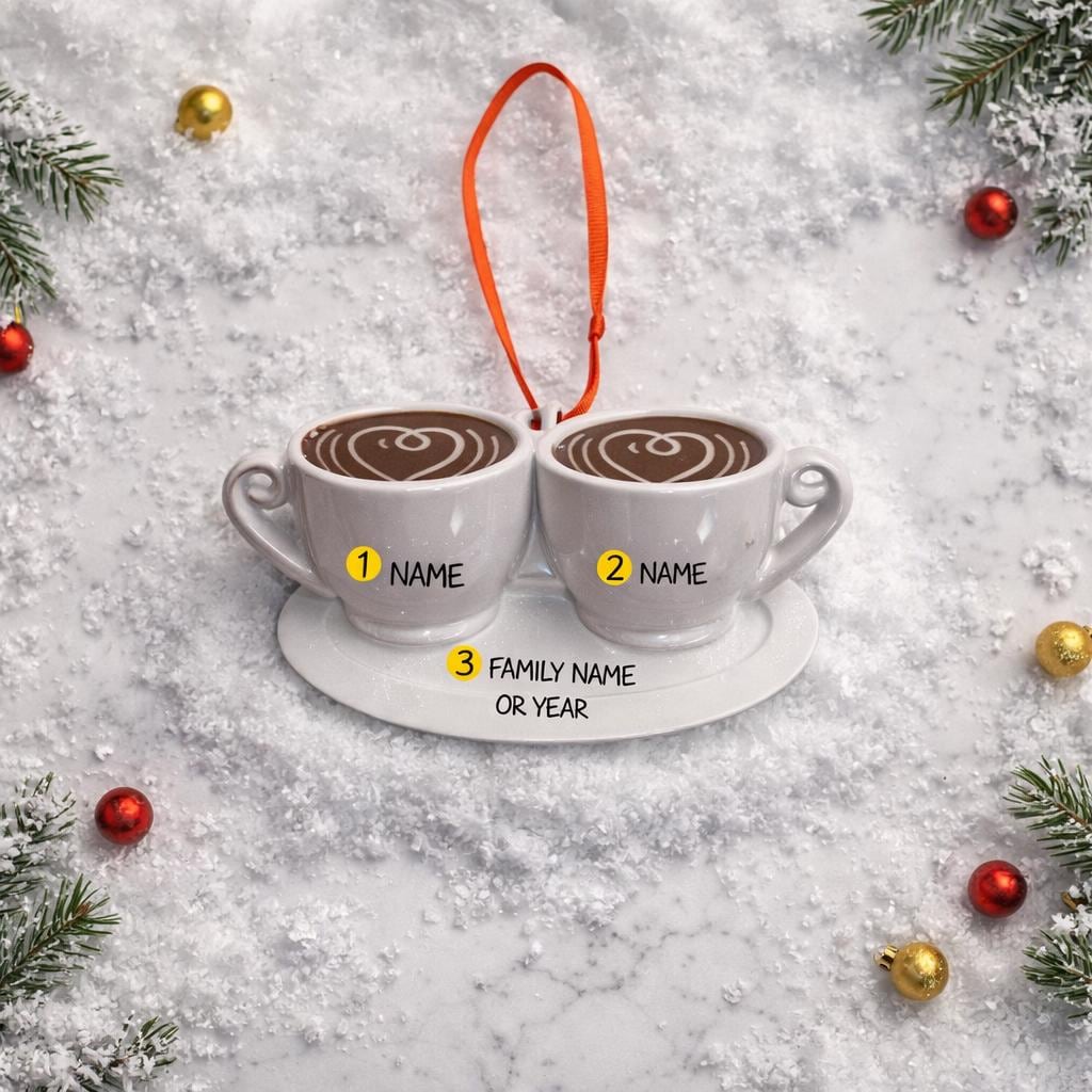 Decorative ornament with two coffee cups on a stand, surrounded by Christmas decorations on a snowy background.