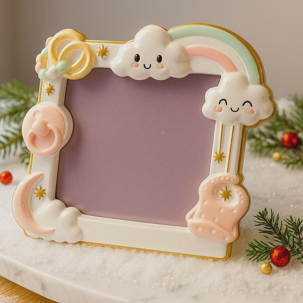 Decorative photo frame with cloud and rainbow design on a neutral background