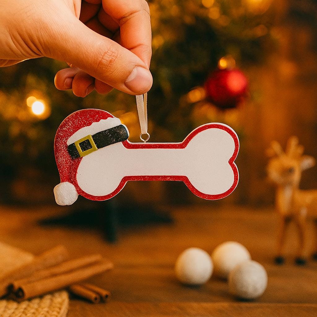 Personalized dog Christmas ornament featuring a bone shaped design with a glitter red Santa hat detail on one end, customizable name area centered on the ornament and customizable year displayed on the opposite side, smooth glossy finish with glitter accents, flat lightweight structure and red hanging ribbon, photographed on a snowy holiday styled background with pine branches, festive Christmas ornaments, dog themed props, and warm seasonal lighting for pet lovers.