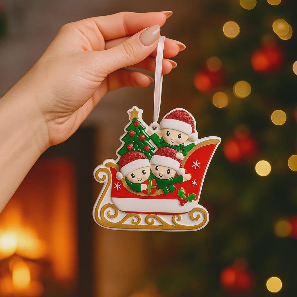 Hand holding a Christmas ornament with children in a sleigh against a blurred festive background.