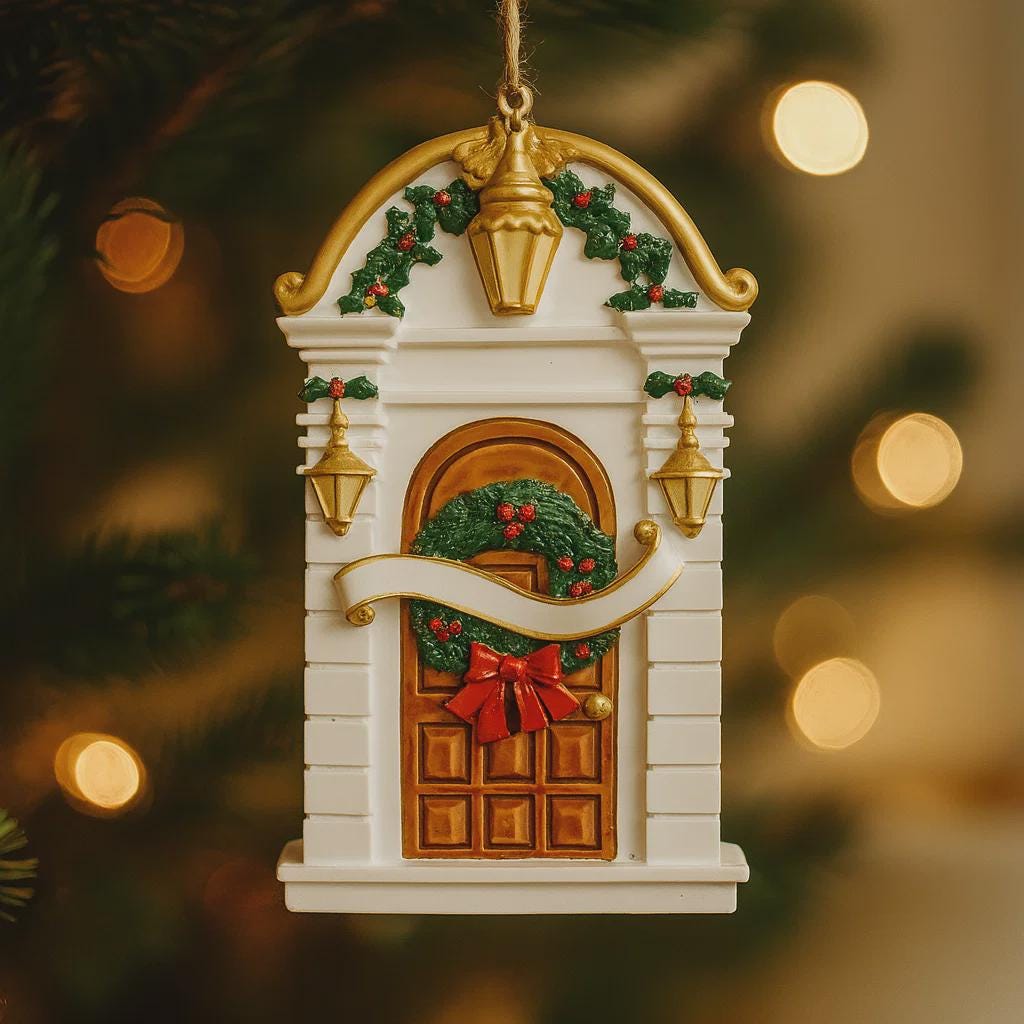 Decorative Christmas ornament resembling a door with wreath and bow, hanging against a blurred festive background.