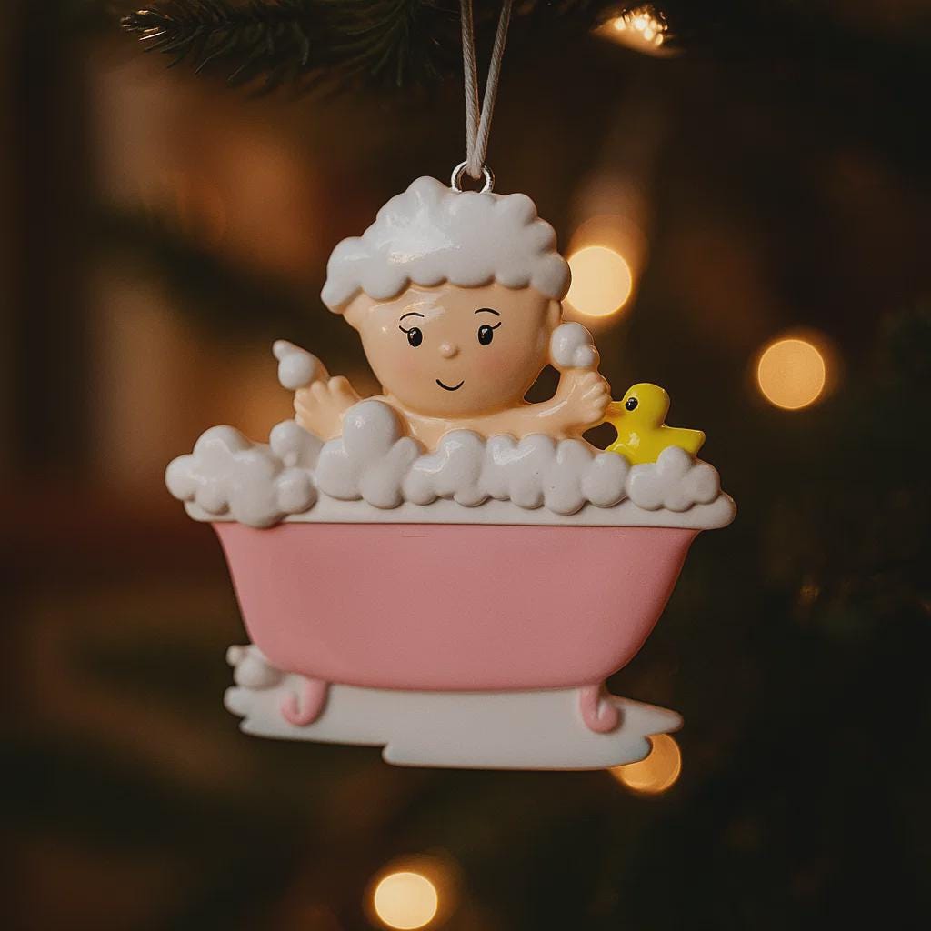 Decorative ornament of a baby lamb in a bathtub with a yellow duck, hanging on a tree.