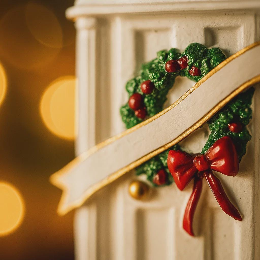 Decorative Christmas wreath with red bow on a white surface with blurred lights in the background