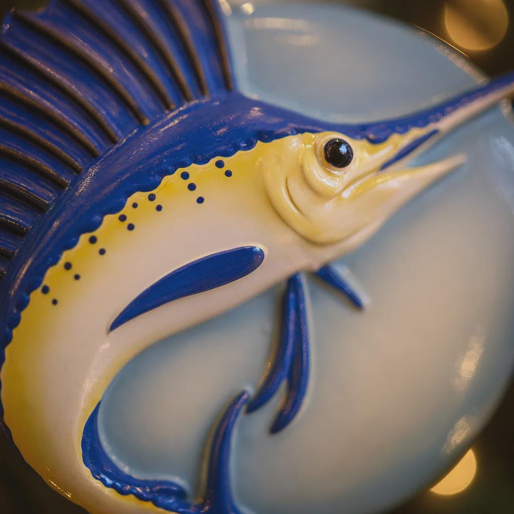 Decorative Sailfish ornament on a blue and white circular background