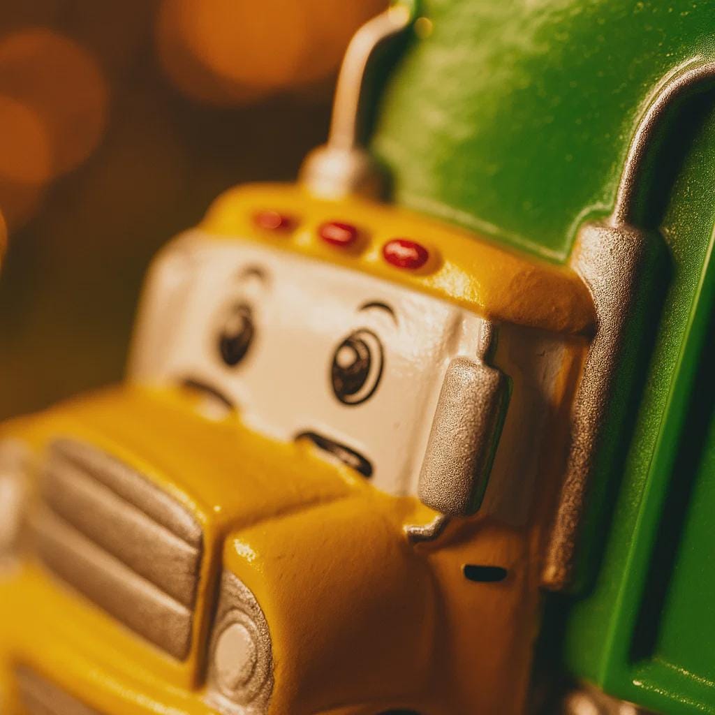 Cute personalized garbage truck ornament in green and yellow with animated truck face. Custom name and year option for kids who love trucks, garbage trucks, city vehicles and recycling themes. Perfect holiday tree decor for boys and toddlers obsessed with trucks. Bright colors, fun design, and adorable Christmas keepsake.