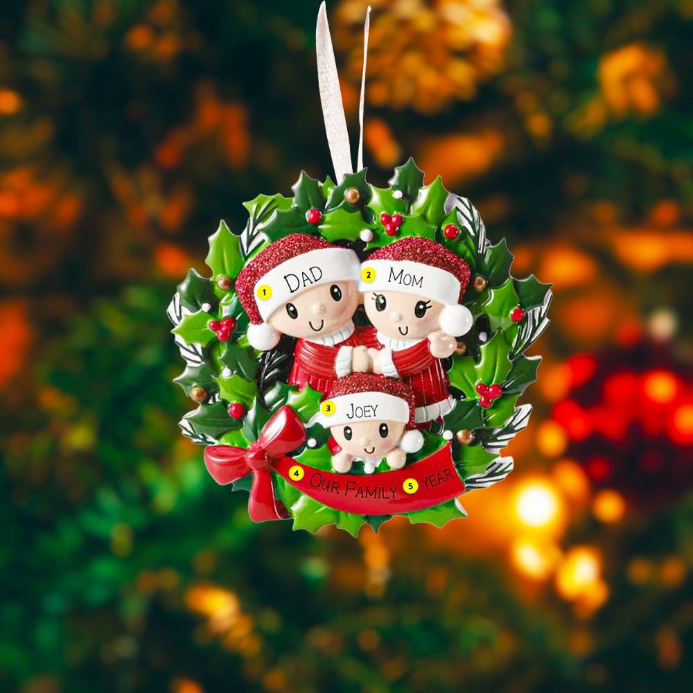 Christmas ornament with family design on a blurred Christmas tree background
