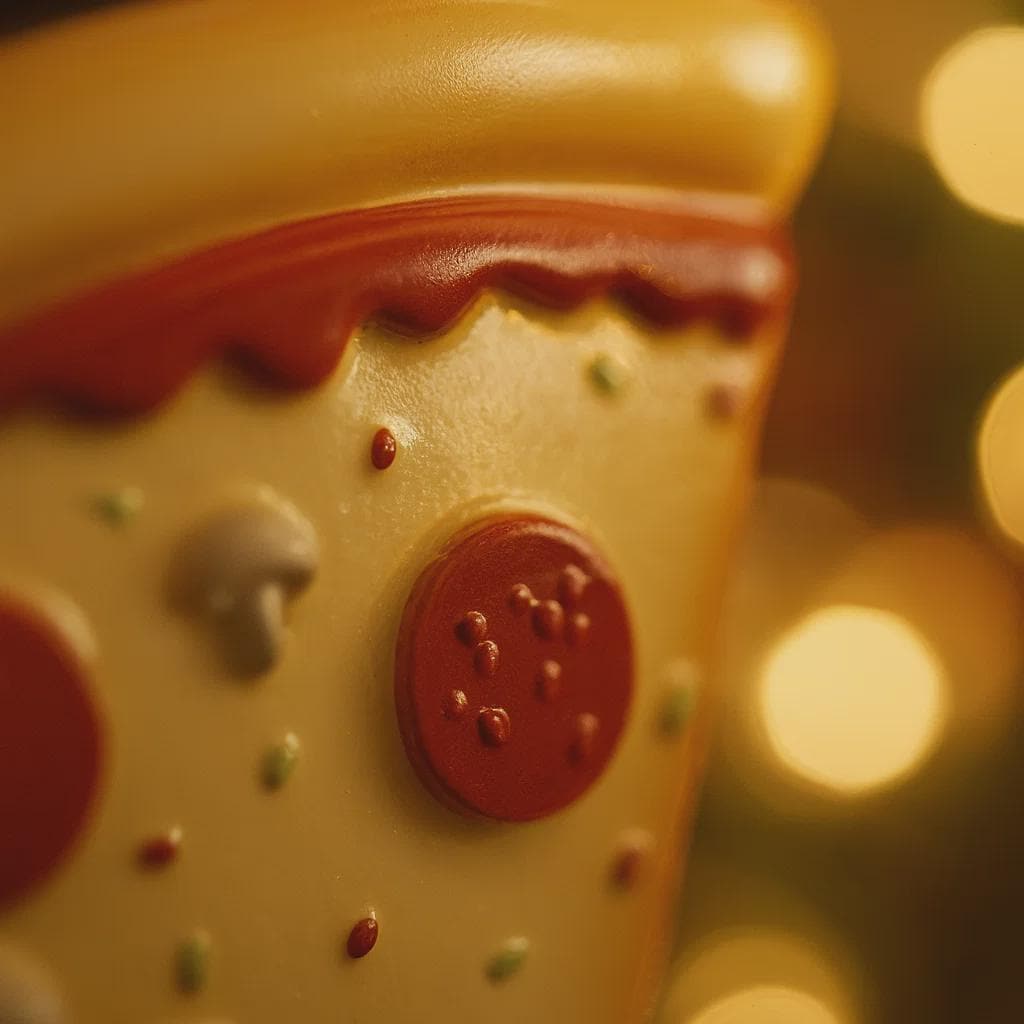 Close-up of a toy pizza slice with a blurred light background