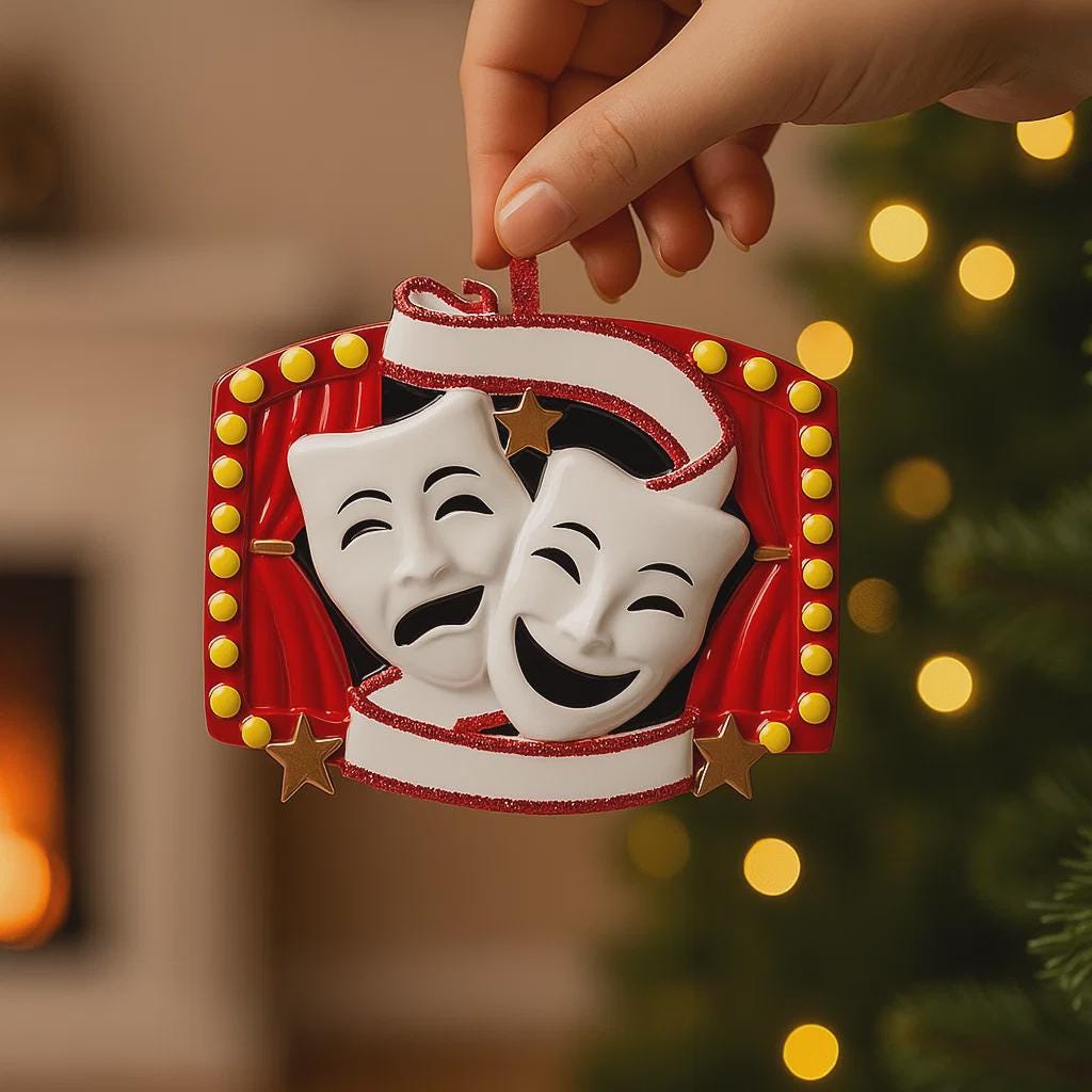 Decorative Christmas ornament with theater masks held by a hand against a blurred festive background.