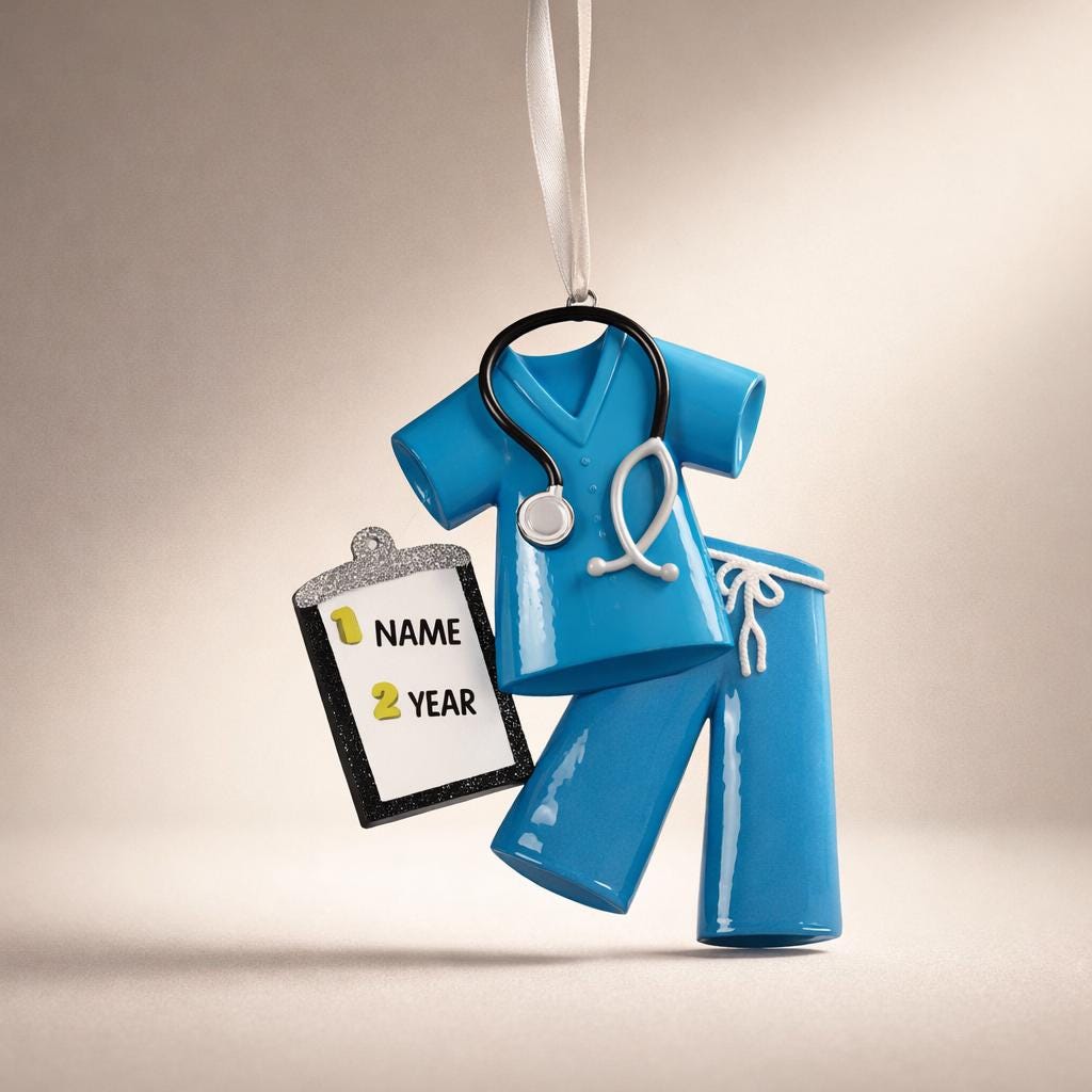 Personalized nurse ornament featuring blue medical scrubs with stethoscope and clipboard design. Custom name and year displayed on the ornament. Smooth resin finish with mostly 2D structure and raised 3D front details. Ideal Christmas ornament for nurses healthcare workers and medical professionals celebrating the holiday season.