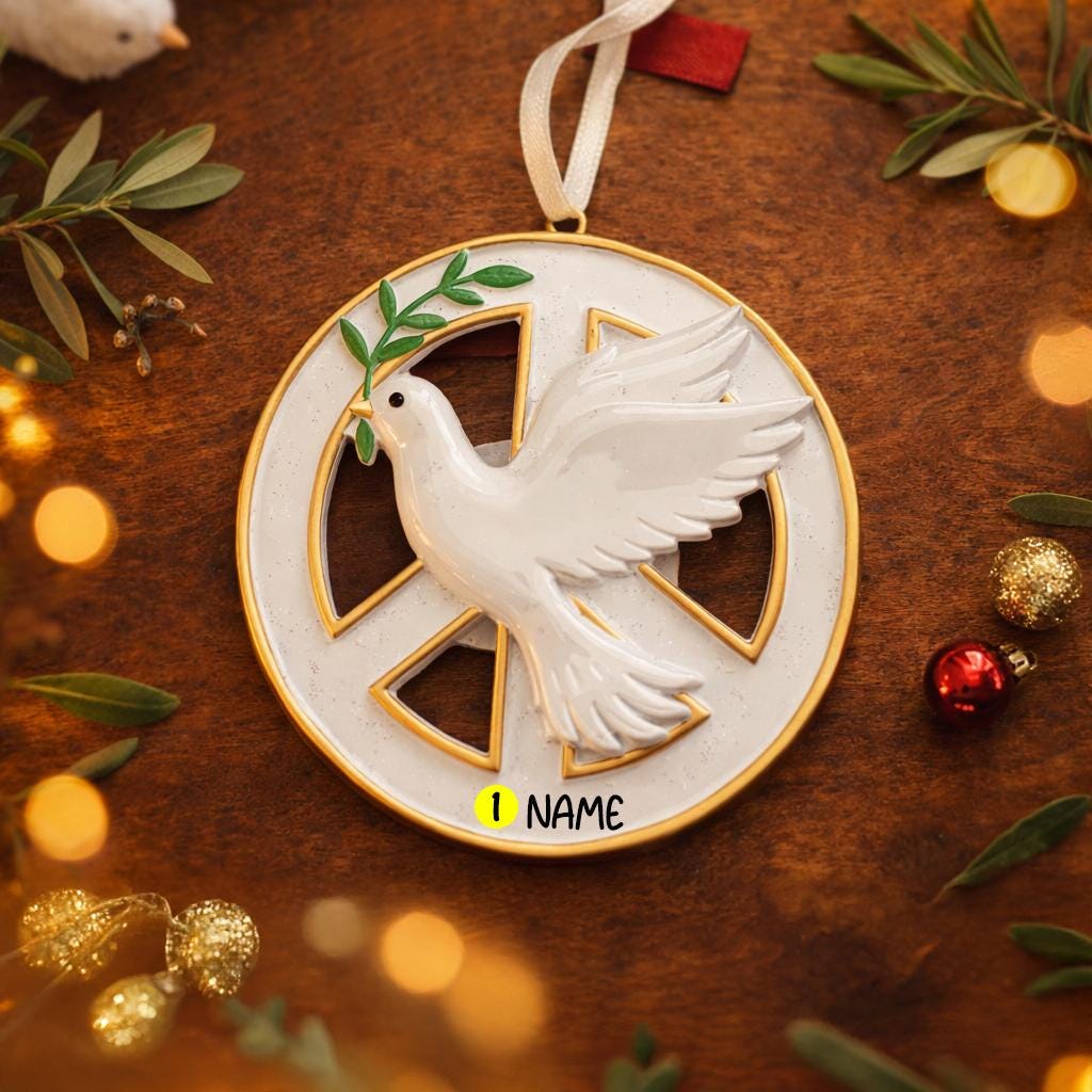 Decorative ornament with a dove and peace symbol on a wooden surface with festive decorations.