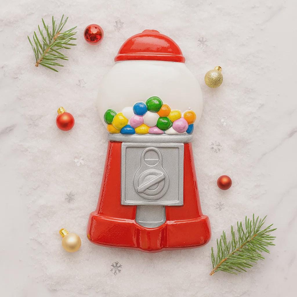 Gumball machine-shaped cookie with colorful gumballs on a light gray background with Christmas decorations.