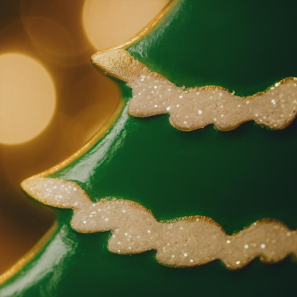 Close-up of a green ceramic plate with gold decorative edge