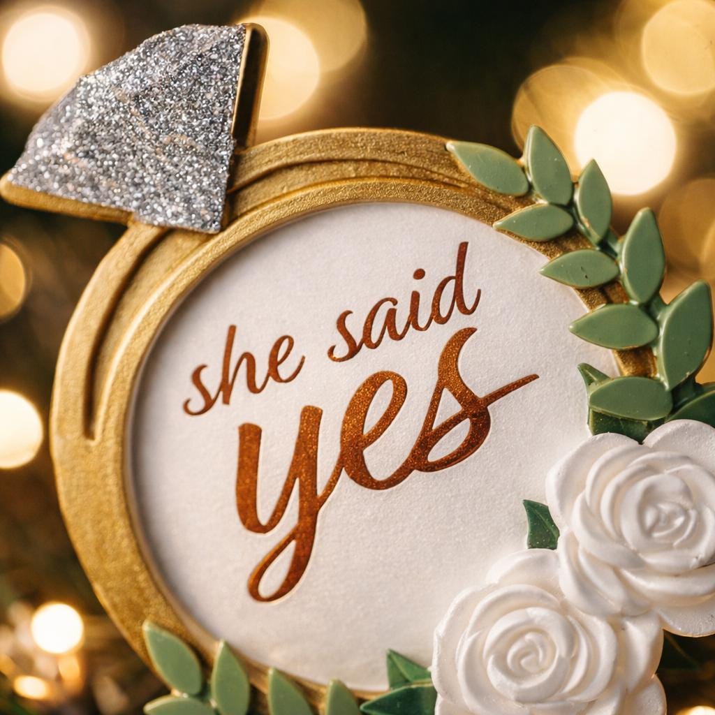 Elegant engagement Christmas ornament featuring gold accents white florals and the phrase she said yes. Personalized with a custom date to commemorate a proposal or engagement moment. A romantic keepsake perfect for celebrating newly engaged couples weddings and meaningful holiday memories.