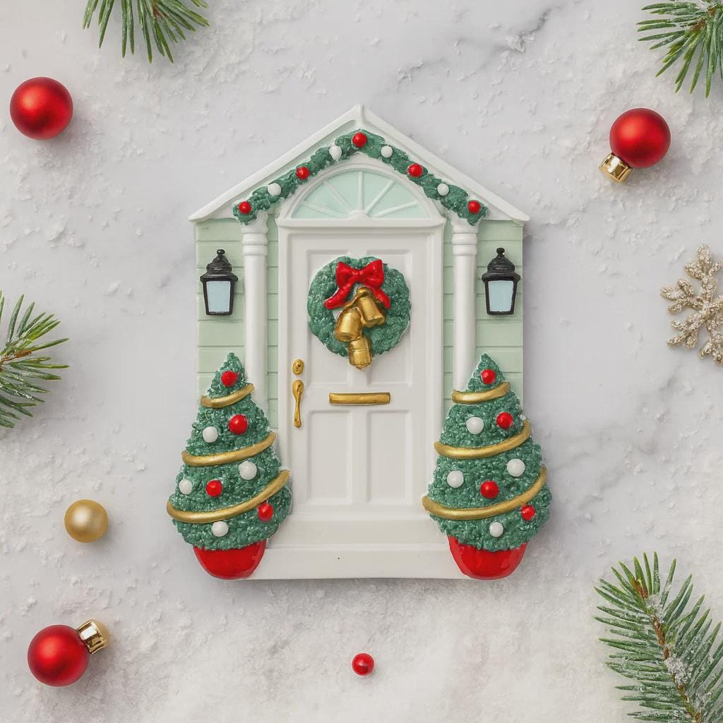 Decorative Christmas door ornament with wreath and trees on a marble surface.