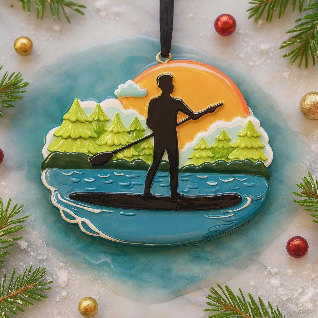 Decorative ornament with a silhouette of a person paddleboarding on water, surrounded by Christmas decorations.