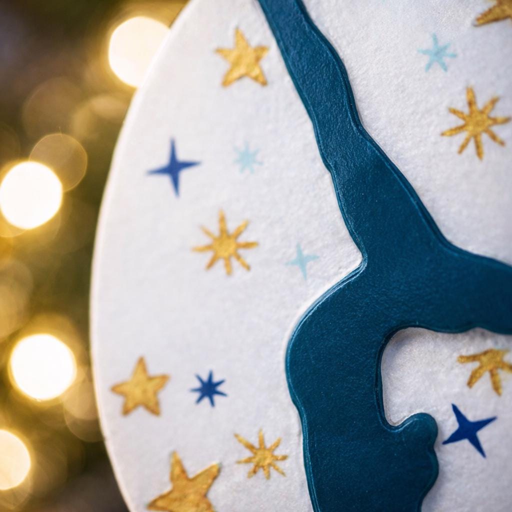 Personalized gymnastics Christmas ornament featuring an oval white design with a navy blue gymnast silhouette performing a handstand pose, surrounded by gold and blue star accents, customizable year displayed on the upper area, customizable name space on the bottom banner, smooth glossy finish with raised 3D front details and flat 2D back, white hanging ribbon, photographed on a soft pink snowy holiday background with winter greenery, festive ornaments, and warm seasonal styling.
