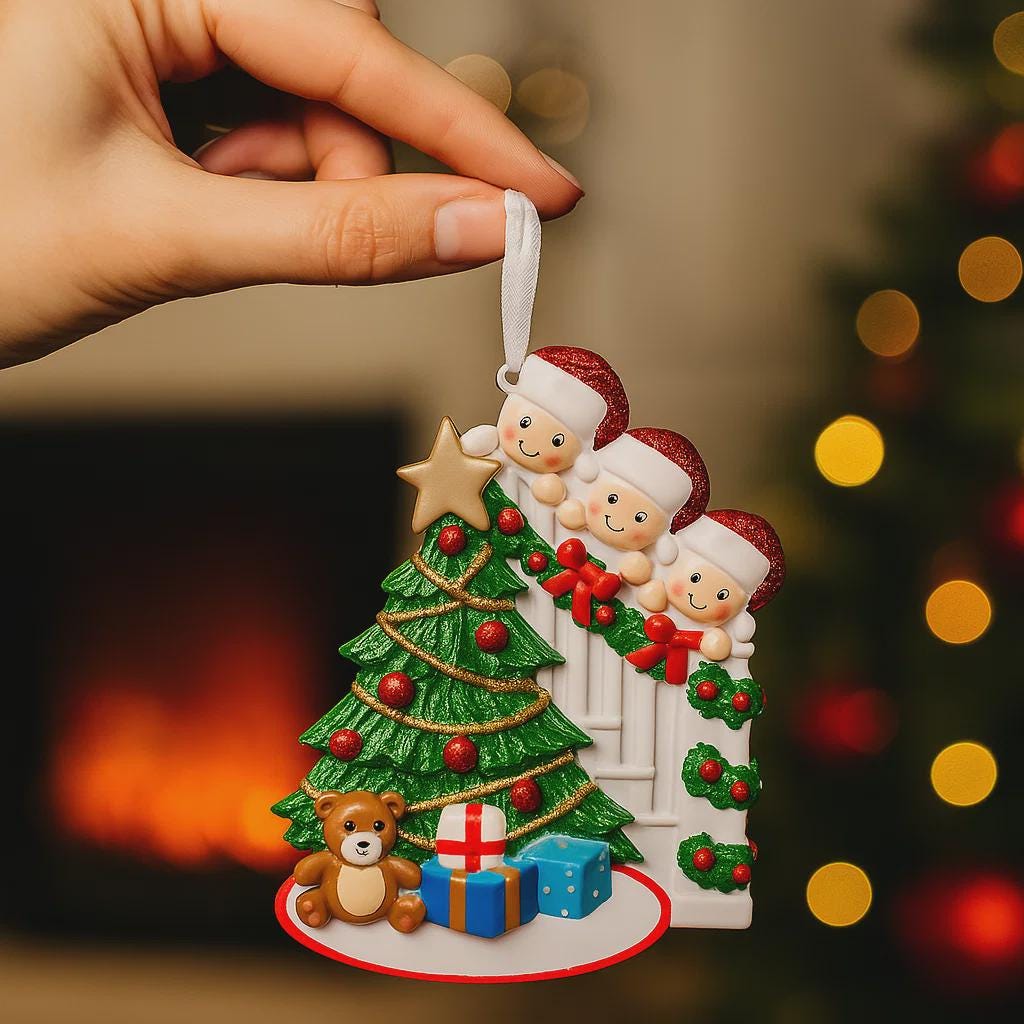 Christmas ornament with family around a tree, held by a hand with a blurred festive background.
