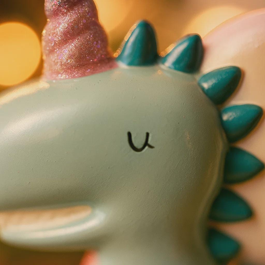 Close-up of a unicorn figurine with green horn and pink mane on a blurred background