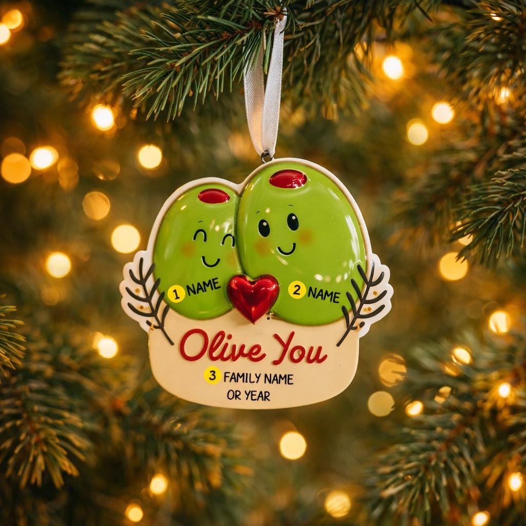 Decorative ornament shaped like two olives with a heart, hanging on a Christmas tree.