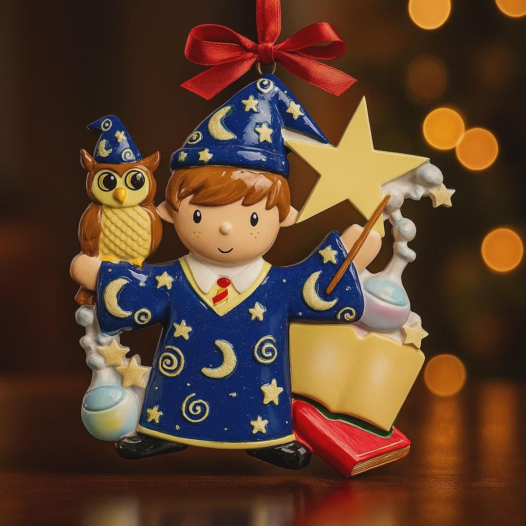 A cute blue-robed wizard boy Christmas ornament featuring a magic wand, star, open book and owl, perfect for kids. Personalized with name and year. Ideal holiday tree decoration for little wizard fans and magical Christmas gifts.