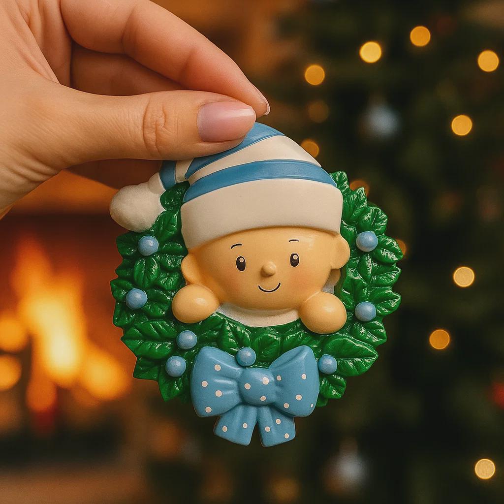 Personalized Baby Boy Christmas Ornament featuring a sweet child peeking from a festive green wreath with blue accents and polka dot bow. This ornament has a raised 3D front design with detailed holly leaves, textured elements, and dimensional lettering. The name is placed on the hat and the year on the banner. A meaningful keepsake for baby’s first Christmas, newborn gift, or holiday memory decoration for the Christmas tree.