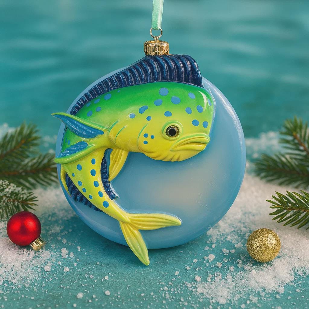 Decorative fish ornament on a blue spherical base with Christmas decorations around