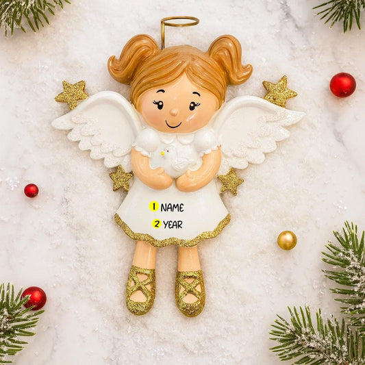 Decorative angel ornament with customizable text on a snowy background