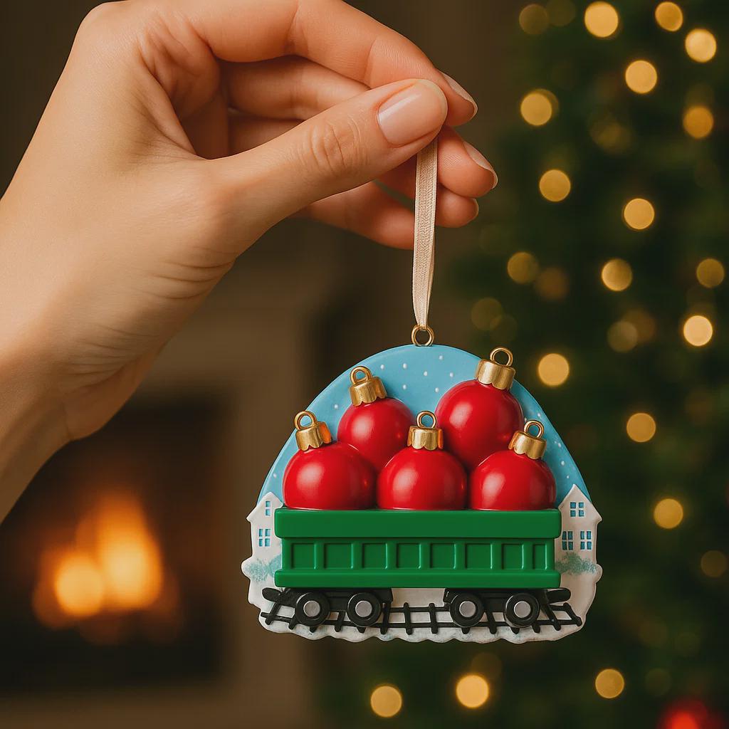 Hand holding a Christmas ornament with red balls in a green wagon against a festive background.
