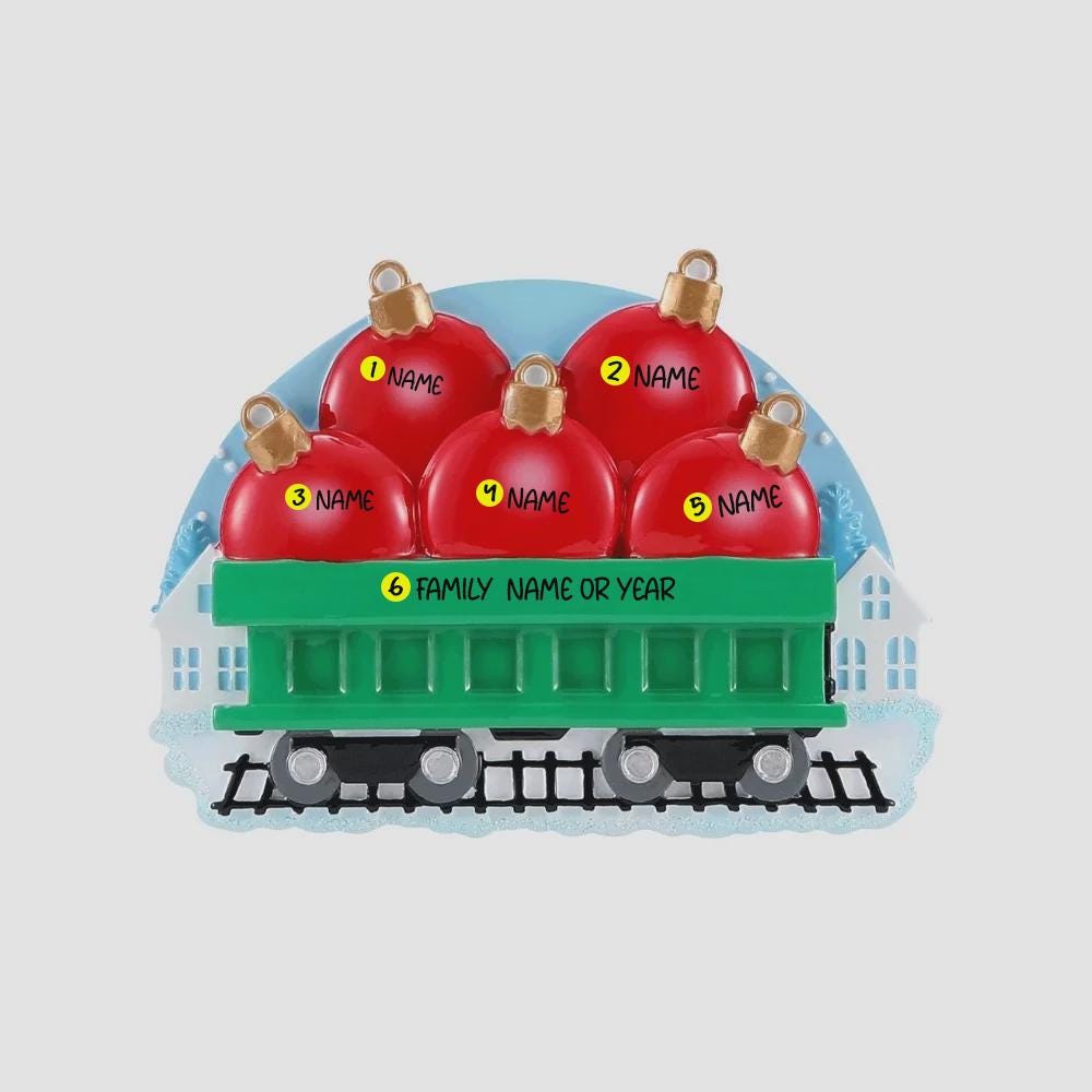 Decorative train with red ornaments on a light gray background