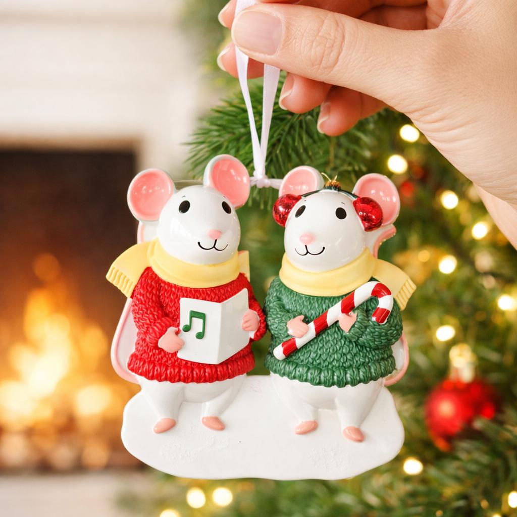 Two mouse ornaments in sweaters with a candy cane and music sheet, held against a Christmas tree background.