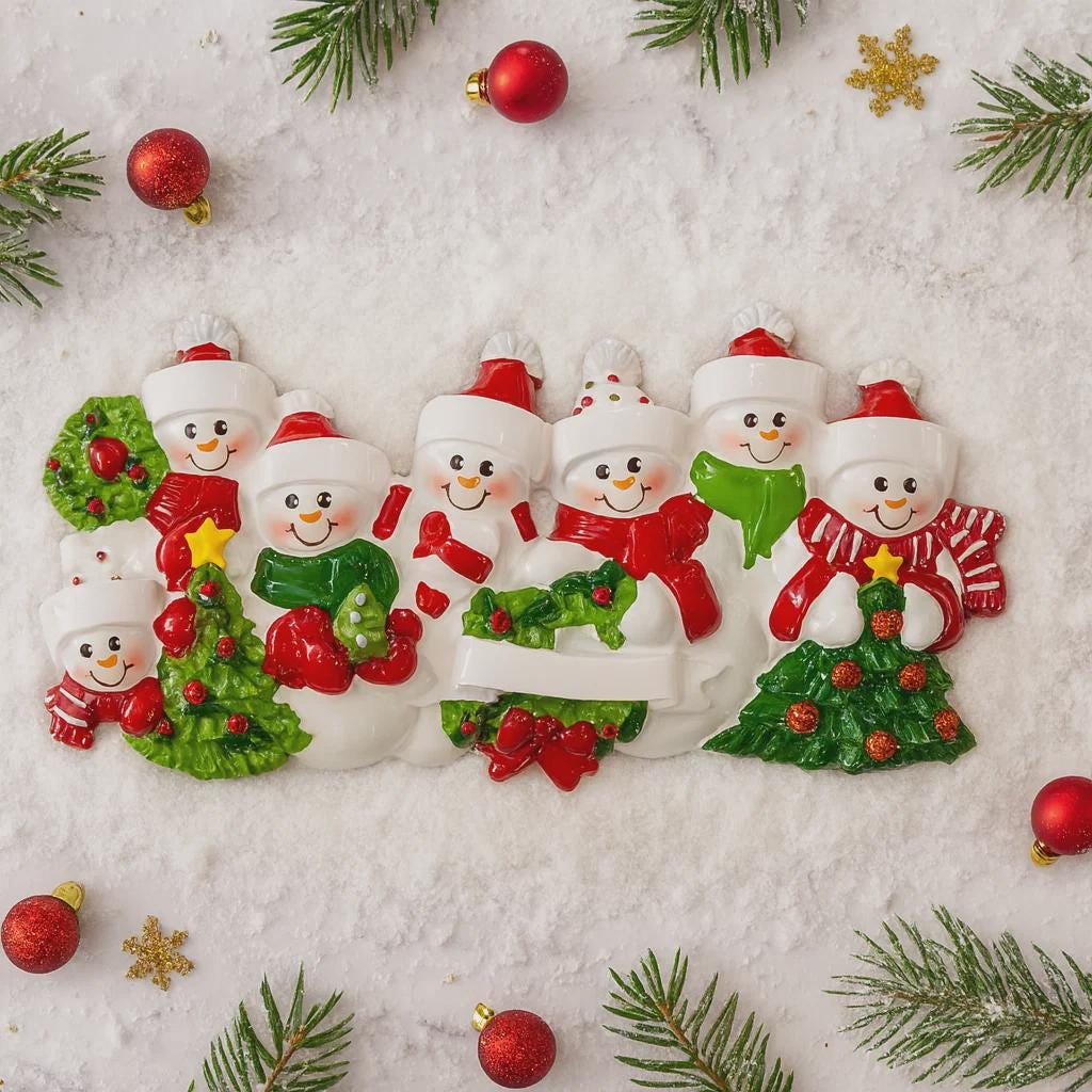 Snowman Family of 7 Christmas Ornament | Personalized Names and Year | Winter Tree Decor Keepsake