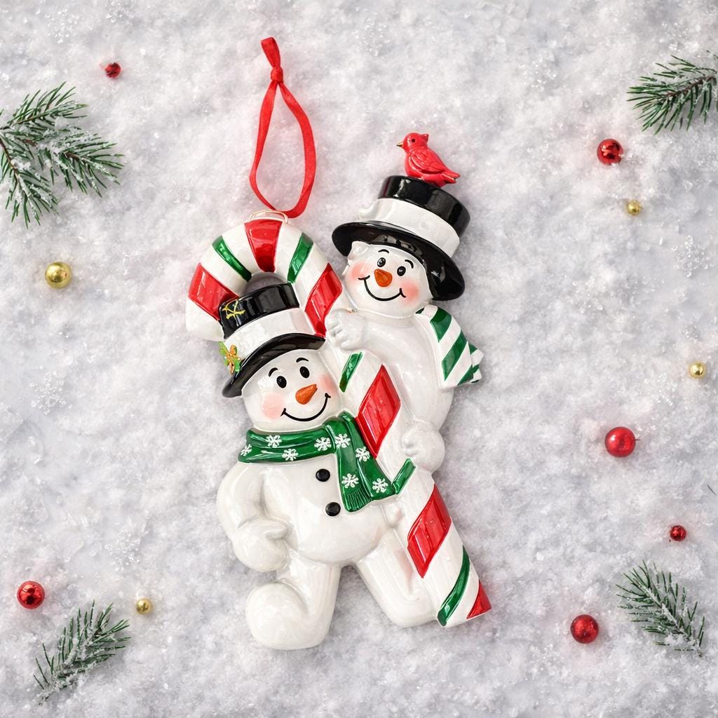 Two snowman ornaments holding a candy cane on a snowy background with Christmas decorations.