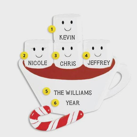 Personalized mug with family names on a white background