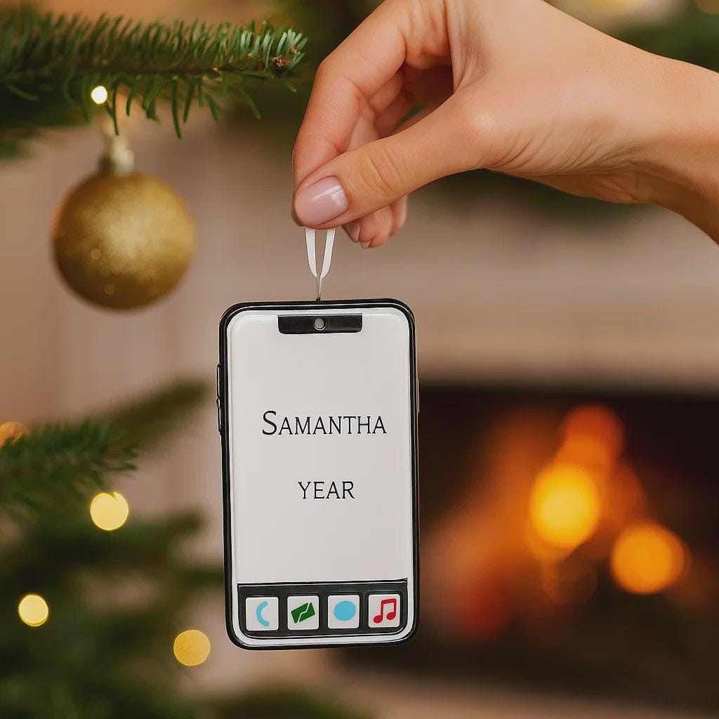 Phone-shaped ornament with 'Samantha' and 'Year' text, held by a hand against a Christmas tree background.