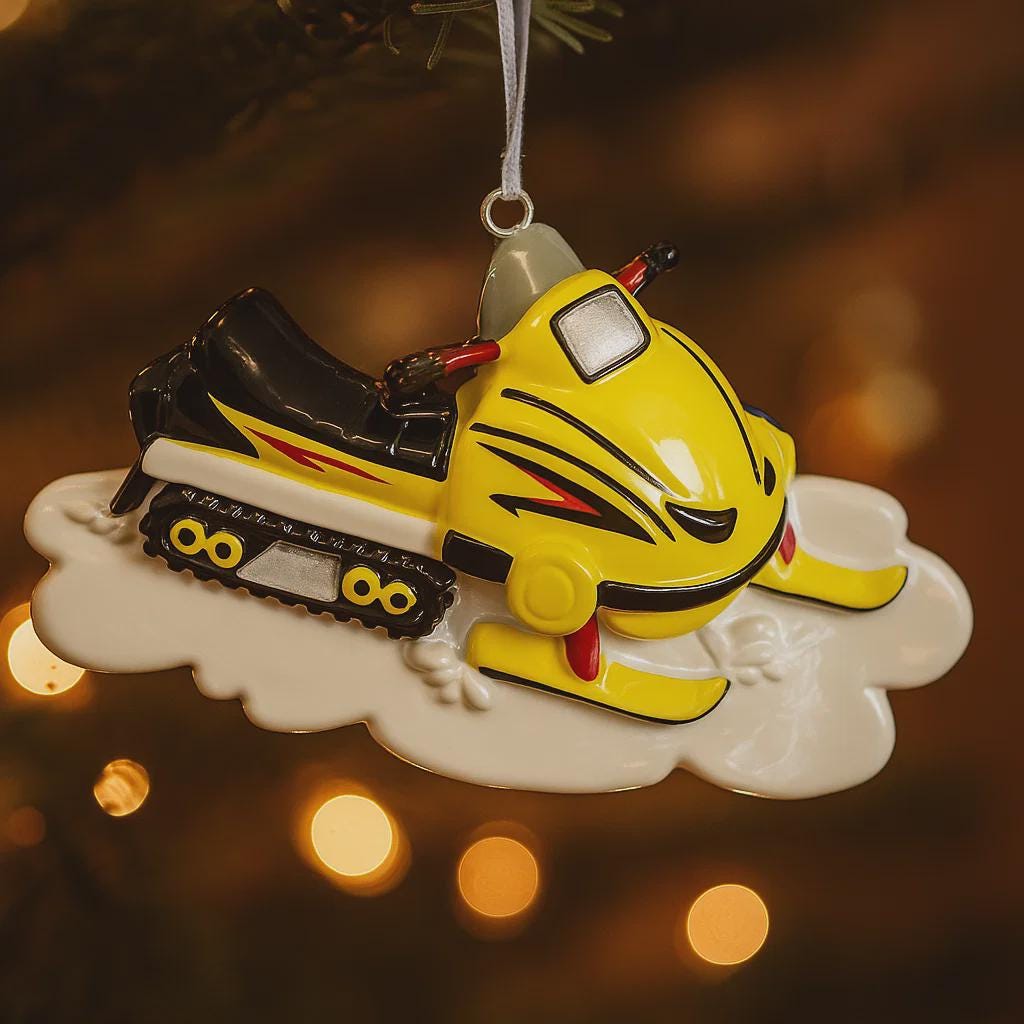 Decorative ornament of a yellow snowmobile on a tree with blurred lights in the background