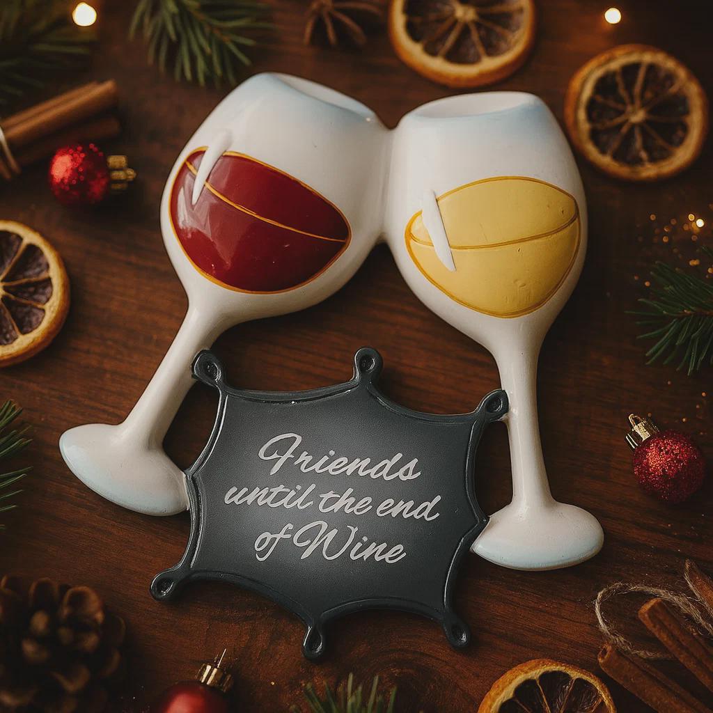 Two decorative wine glasses with a small sign reading 'Friends until the end of Wine' on a wooden surface with Christmas decorations.
