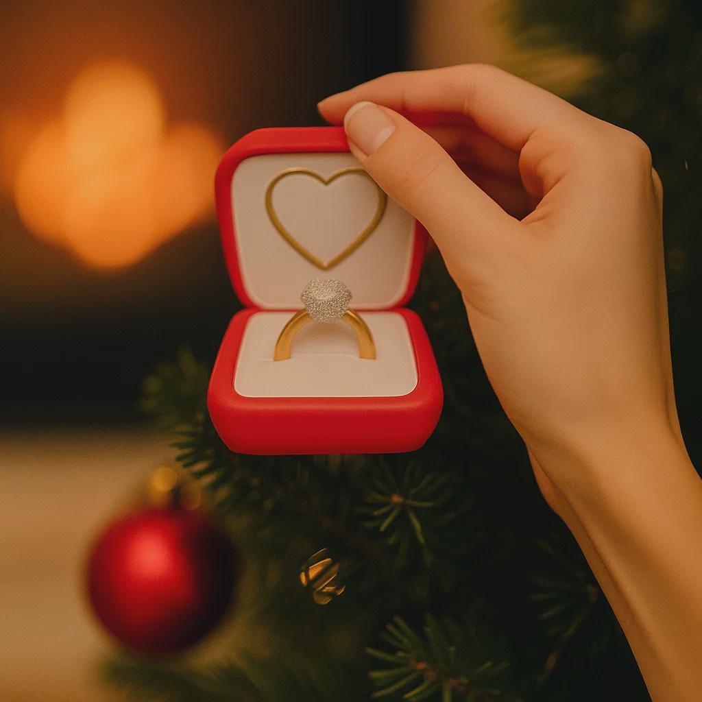 Personalized engagement ring ornament featuring a red velvet style ring box design with a sparkling diamond ring inside. The ornament includes free handwritten personalization with one name and year displayed inside the box. Designed with a smooth glossy finish and elegant gold details. Shown hanging with a ribbon in a festive holiday setting with snow greenery and warm lights. A romantic keepsake ornament perfect for Christmas trees engagements proposals and meaningful gift displays.
