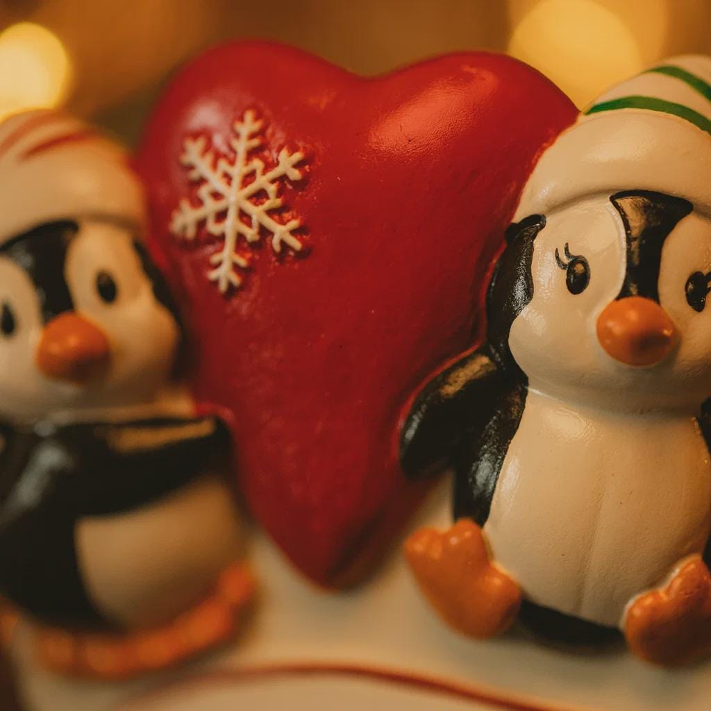 Two penguin figurines with a red heart and snowflake decoration on a blurred background.