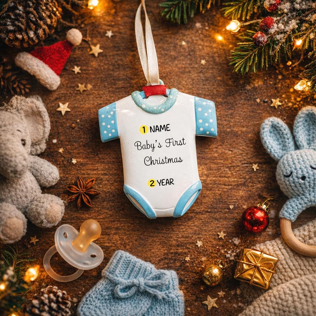 Personalized Baby’s First Christmas Ornament designed as a sweet baby bodysuit with soft blue polka dot sleeves and trim. This ornament features a raised 3D front with textured details and dimensional edges for a charming keepsake look. The baby’s name is added at the top and the year below, creating a meaningful newborn memory gift. Perfect for baby boy first Christmas, newborn celebration, holiday tree decor, and special family milestone ornament.