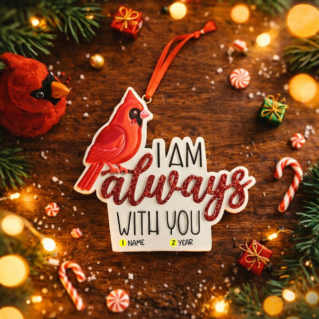 Personalized memorial cardinal ornament featuring a vibrant red cardinal bird perched above the heartfelt phrase I am always with you. Designed with a smooth glossy finish and raised 3D details, this ornament symbolizes remembrance, love, and spiritual connection. Includes free handwritten personalization with one name and year added by OrnamentLab. Styled in a warm holiday setting with soft lights and festive decor, this keepsake ornament is perfect for honoring loved ones who are forever remembered during