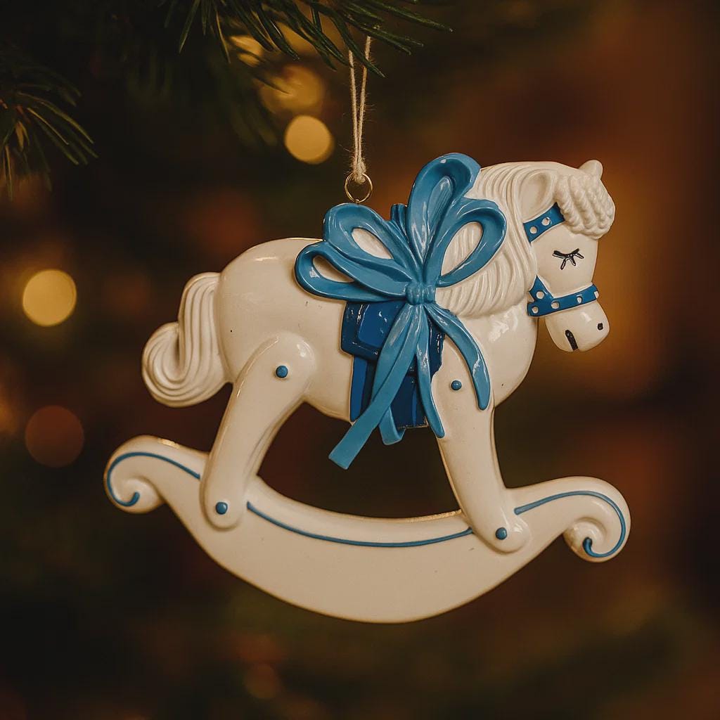 Decorative rocking horse ornament with a blue bow on a Christmas tree.