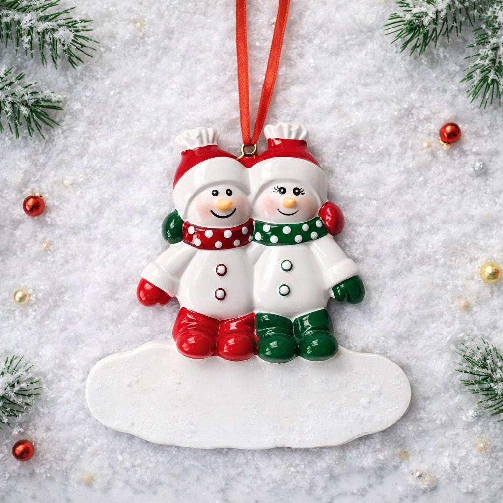 Two snowman ornaments on a snowy background with Christmas decorations.