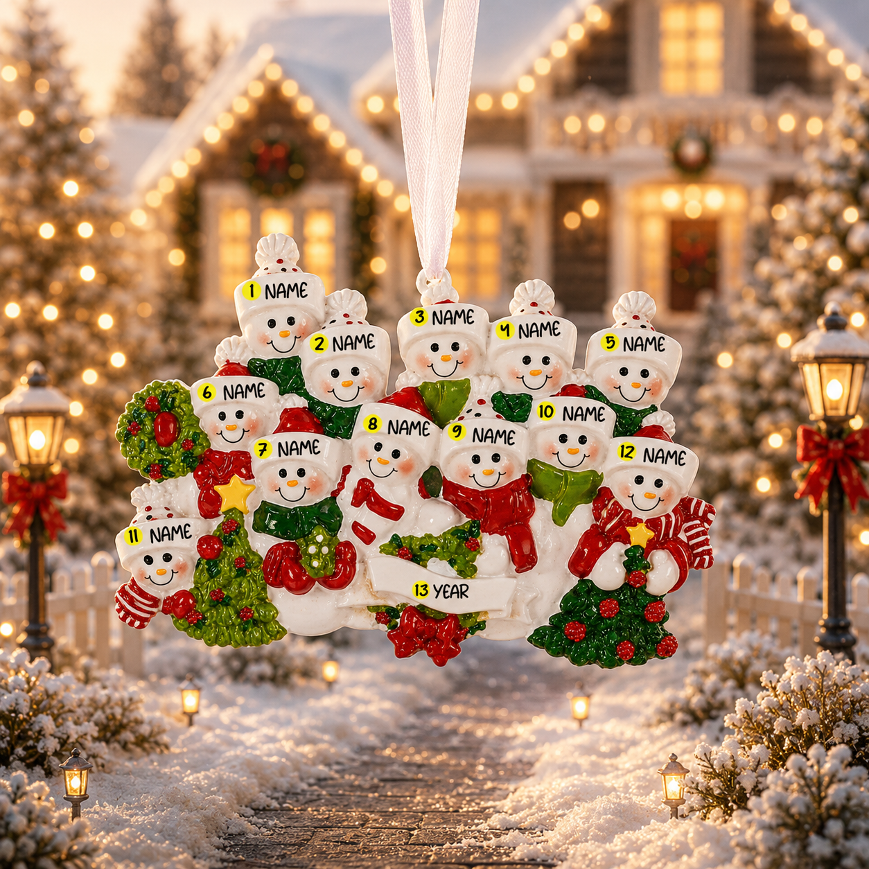 Snowman Family of 12 Christmas Ornament | Personalized Names and Year | Winter Tree Decor Keepsake