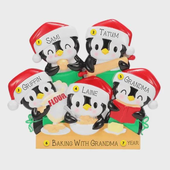 Family of 5 Penguin Baking Ornament | Personalized Kitchen Theme Keepsake | Handwritten Holiday Decoration